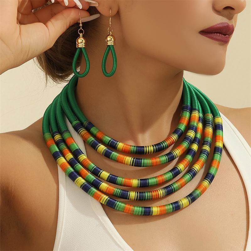 African Jewelry Set for Women Necklace Earrings Multi-layer Woven Choker Bridal Wedding Accessories