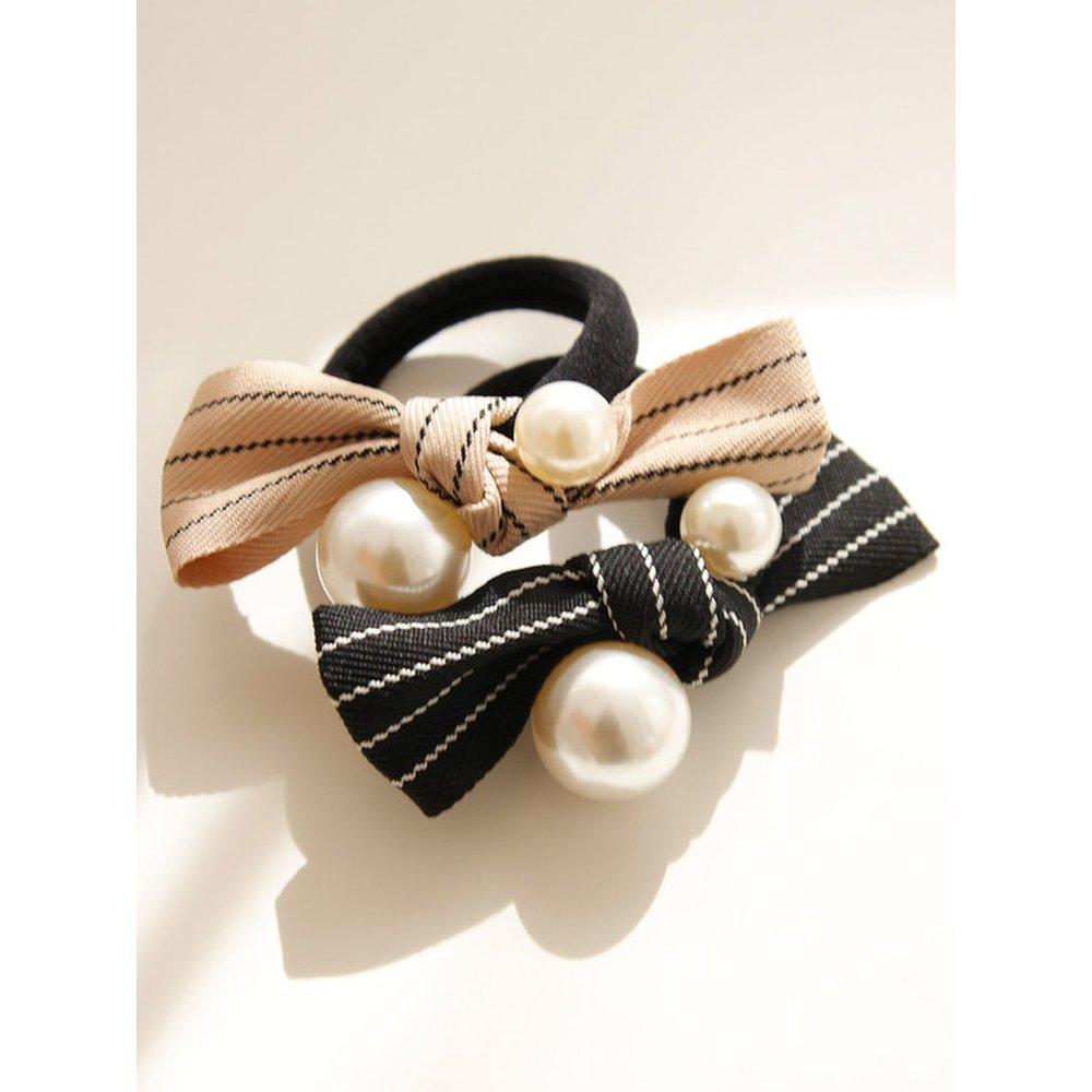 

Striped Fabric Pearl Hair Chouchou Tie H01089 beige
