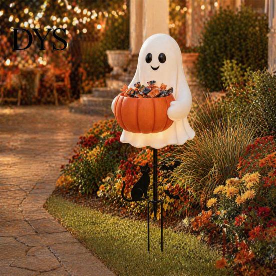 Outdoor Ghost Decorations for Yard Halloween Candy Holder Garden Stake, Cute Glowing with Pumpkin Bowl, Resin Statue Sign Front Porch, Lawn, Pathway,