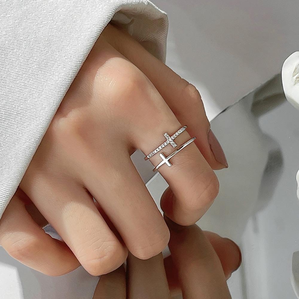 Gold Sliver Color Double Layered Zirconia Cuff Rings For Women Openable Figure Accessory