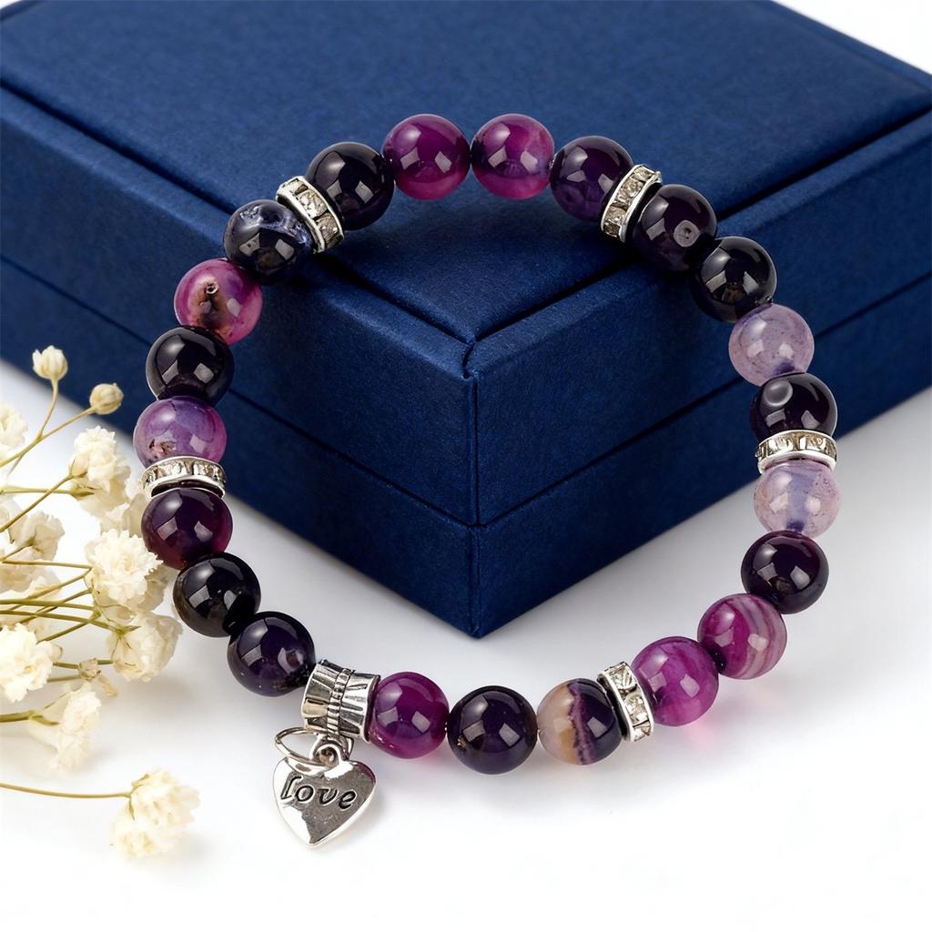 New Bohemian jewelry hand round bead chain love pendant beaded bracelet purple striped agate bracelet women