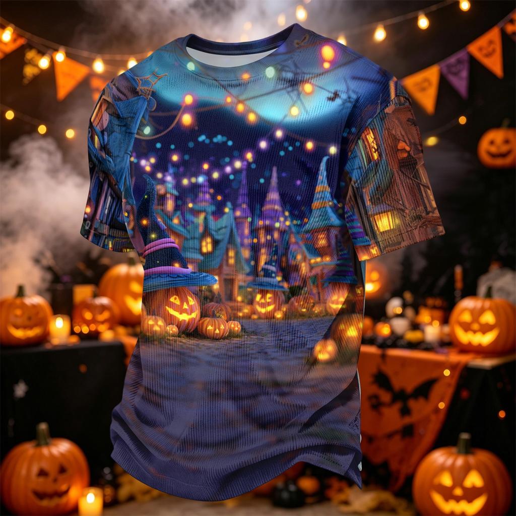 Herren Freizeit-Corduroy-Kurzarmhemd Leicht Atmungsaktiv Rundhalsausschnitt Oberteil Halloween-Muster Design Bequeme Passform