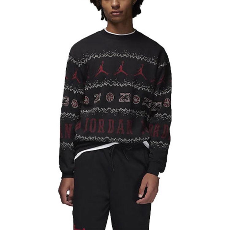 Jordan Essentials Holiday Logo Print Crew Neck Fleece Lined Casual Long Sleeved Sweatshirt Men's Black FD7464-010
