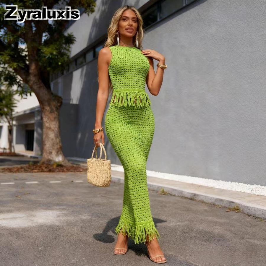 Neues gehäkeltes Fransen-Set Damen Ärmelloses High-Neck-Top + Bodycon-Langrock Zweiteiliges Outfit
