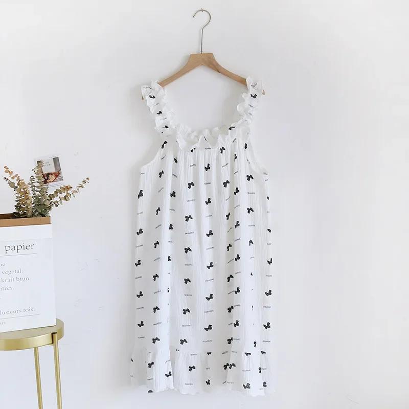 Ladies Summertime Cotton Yarn Pure Cotton Thin Suspender Nightdress Loose Mid-length Sweet and Lovely Long-cut Home Dress Camisola Sexy