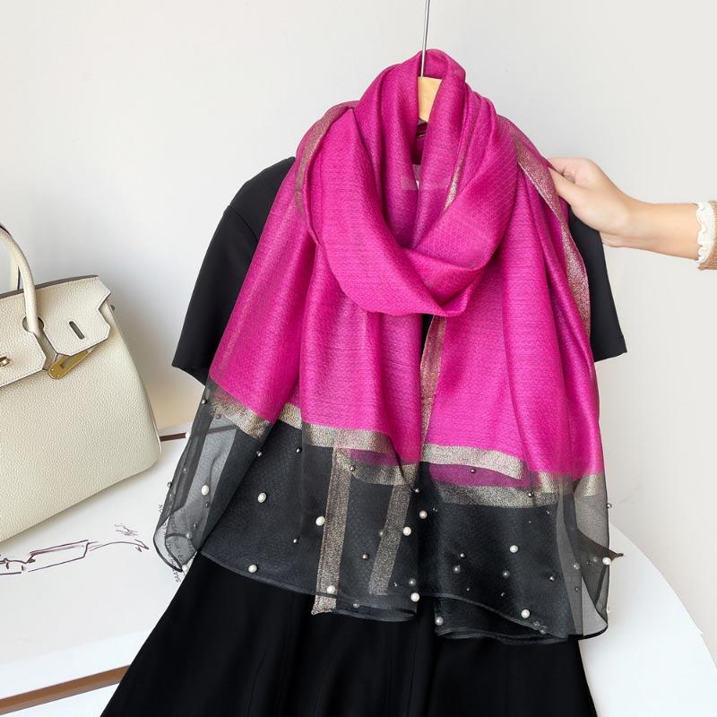 Spring new solid color pearl silk scarf women's imitation silk light large shawl long scarf scarf