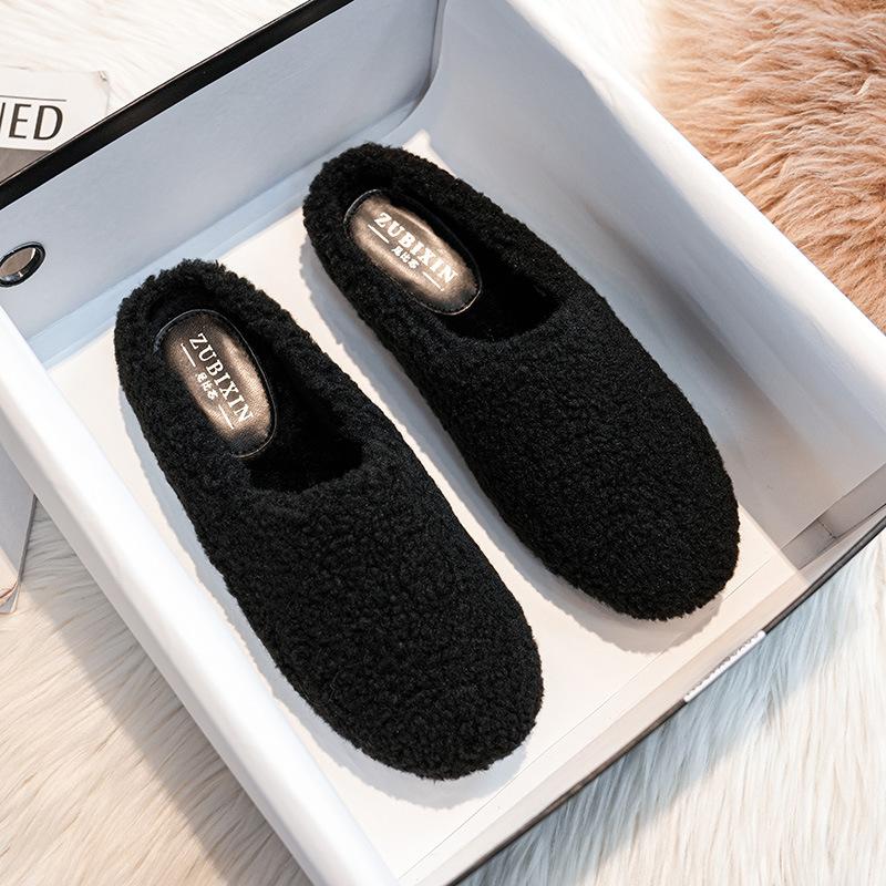Fashion Women's Lambswool Slippers, Sheepskin and Fur Shoes, Women's Flat Cotton Slippers, Slip-on Mules, Plus Size 43, Winter
