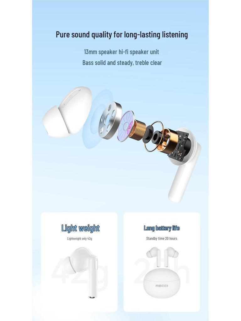 Recci REP-W99 Semi-In-Ear Bluetooth Headphones, True Wireless, High Sound Quality TWS 5.3