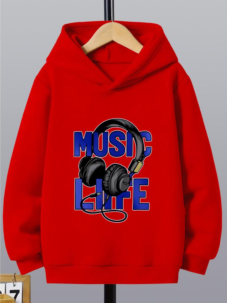 Patterned music-themed headphones, sporty and casual; stylish long-sleeved hoodie, boys' autumn/winter new sweatshirt.