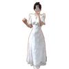 French Summer Women's Puff Sleeve Slimming Dress with Lace Skirt
