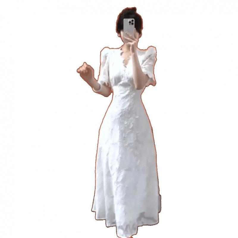 French Summer Women's Puff Sleeve Slimming Dress with Lace Skirt