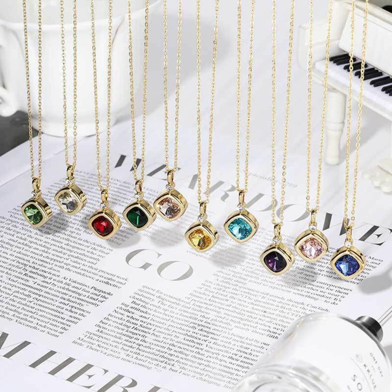 Replaceable Zircon Necklace Birthstone Pendant Neckchain Adjustable Choker Handmade Collarbone Chain Jewelry for Women
