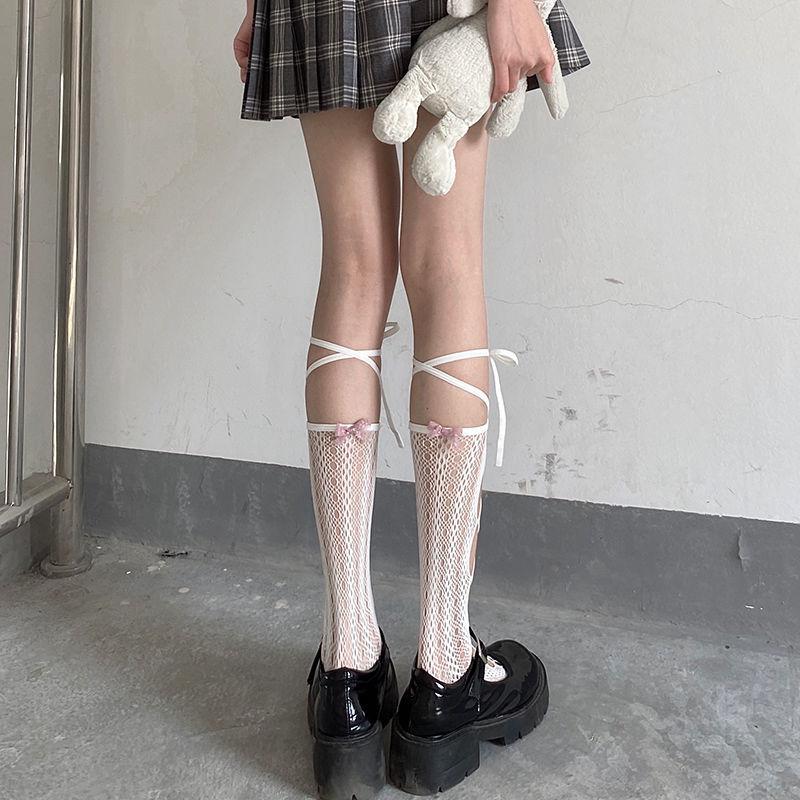 Black Socks for Women Japanese Style JK Knee High Socks Hot Girl Fishnet Hollow Cross Tie Calf Socks White Summer Thin