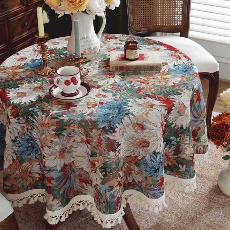 Round American Retro Jacquard Tablecloth Color Ink Painting Coffee Shop Decor Table Cloth Home Decoration Dining Table Cover