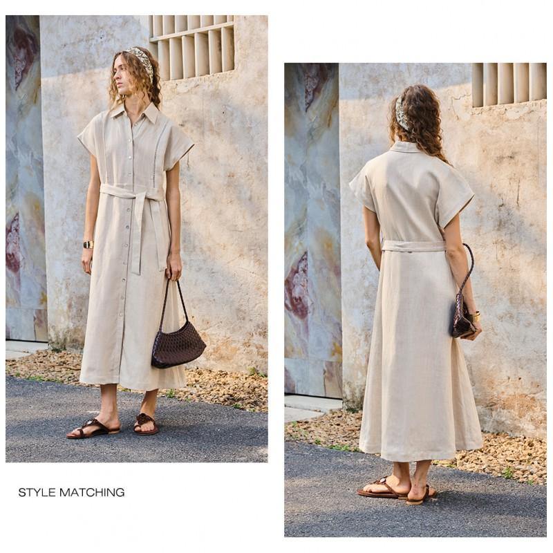 Womens Linen Tencel Blend Midi Dress With Adjustable Waist Short Sleeve High-Waisted Office Casual