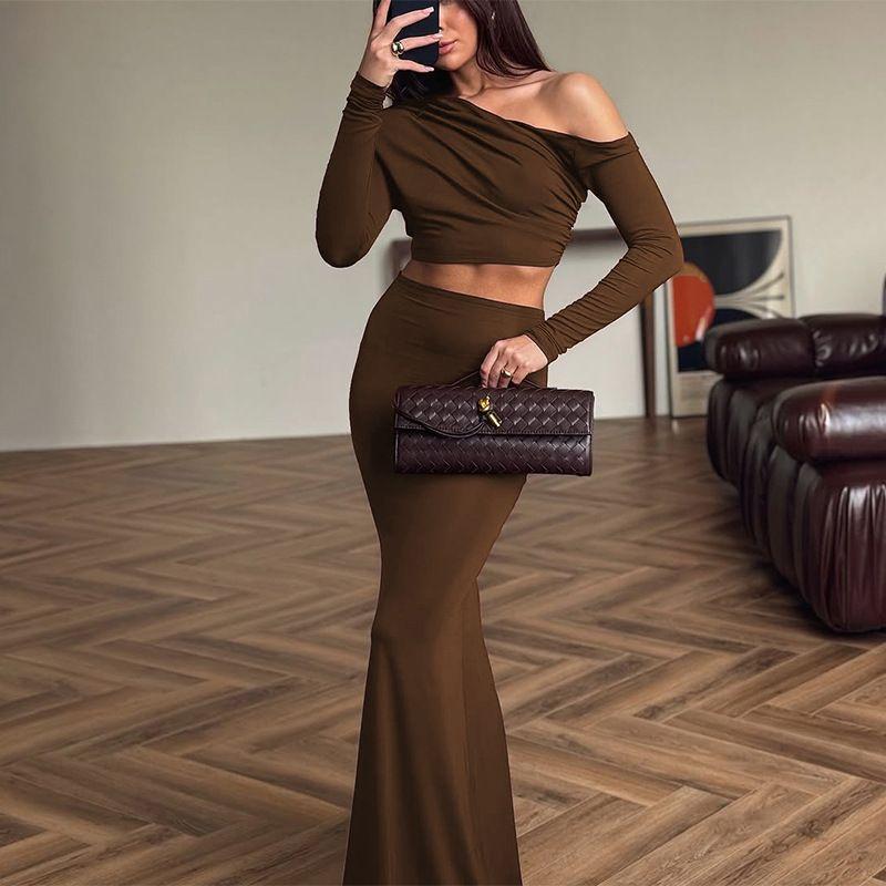 Fashion 2025 New Arrival Fashion Shoulder-Baring Long Sleeve Slim-Fit Top Skirt Suit Sheath Fishtail Dress Two-piece Set