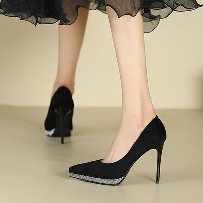 Fashion Celebrity Black Sexy Temperament Banquet Shoes with Dress Suede Light Mouth Rhinestone High Heels Women