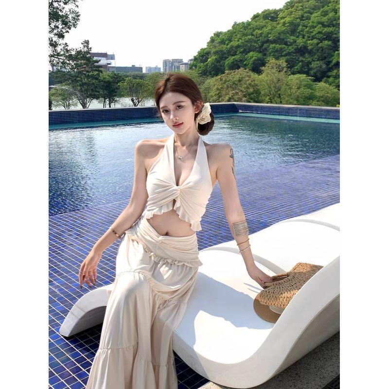 Kumikumi Pure Desire Set Kinky Hanging Neck Cami Women Summer Drape Skirt Big Swing Skirt Two-piece Set