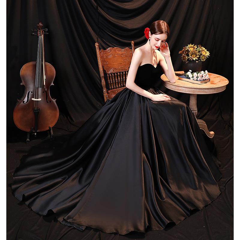 Temperament black long small trailing dress dinner party solo recitation performance suit host tube top evening dress