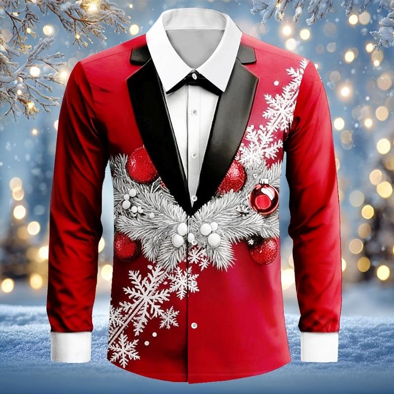 Christmas Men's 3D Fake Suit Christmas Reindeer Pattern Festive Atmosphere Lapel Long Sleeve Shirt Casual Slim Shirt