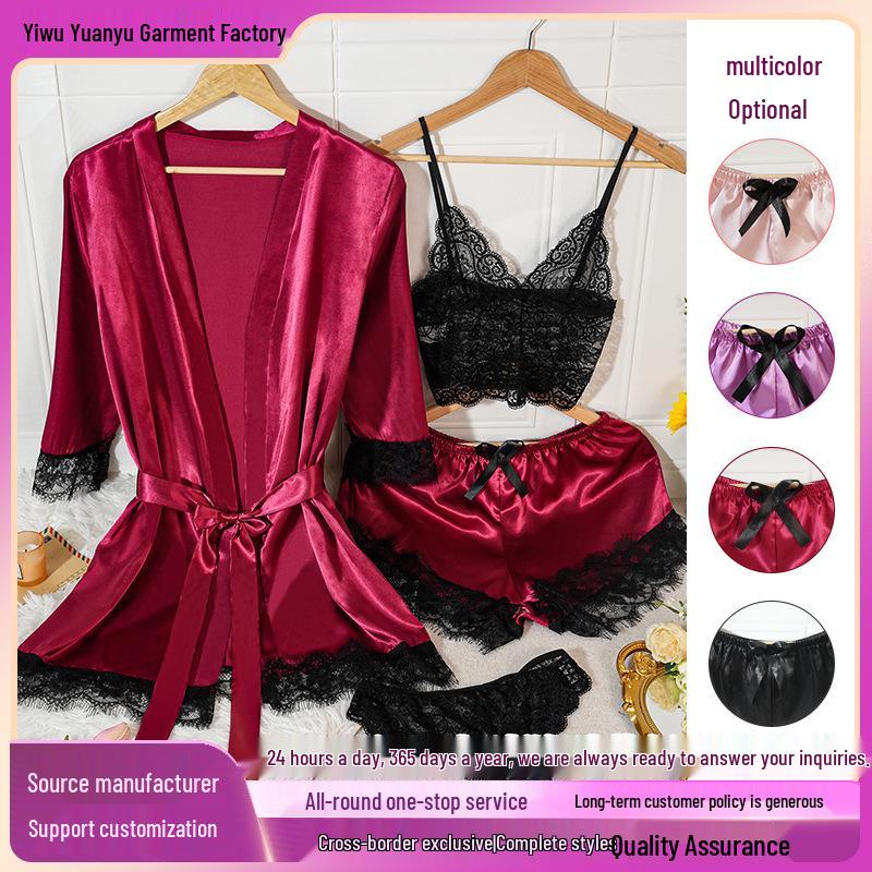 

Европейский женский кружевной комплект пижамы и халата - Ночная сорочка на бретелях-спагетти, лоскутный дизайн, повседневная домашняя одежда из 4 предметов Double Extra Large красный