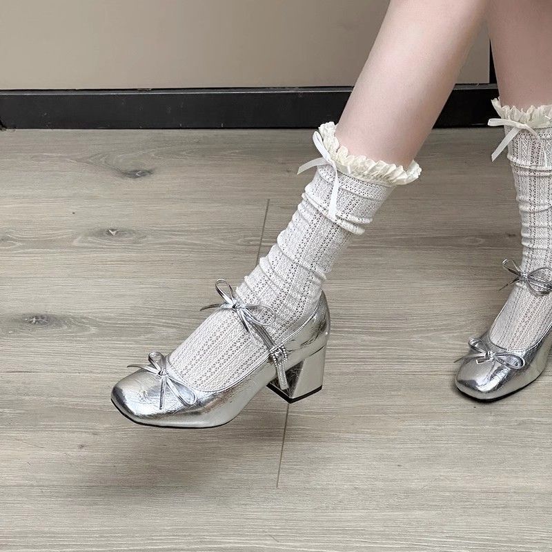 Thick heel spring and autumn feet heel women's shoes increase Internet celebrities are not tired beautiful Mary Jane single shoes women silver thin