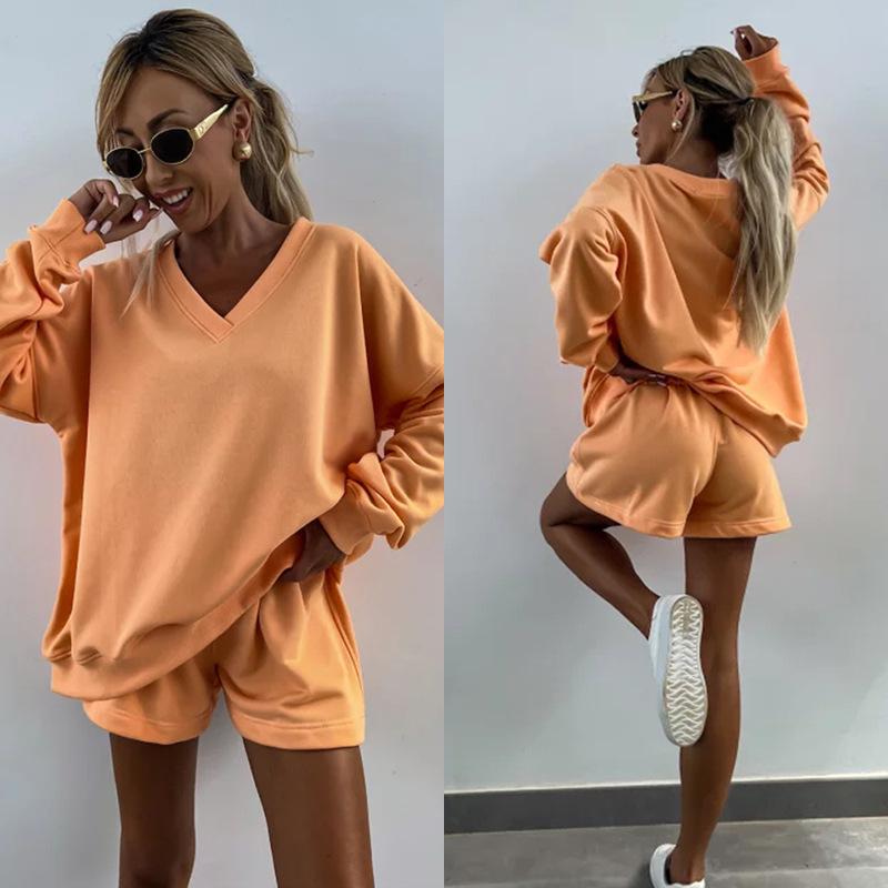 New Summer Women's Casual Striped Lounge Set Long Sleeve V-Neck Loose Top with Sports Shorts 2-Piece