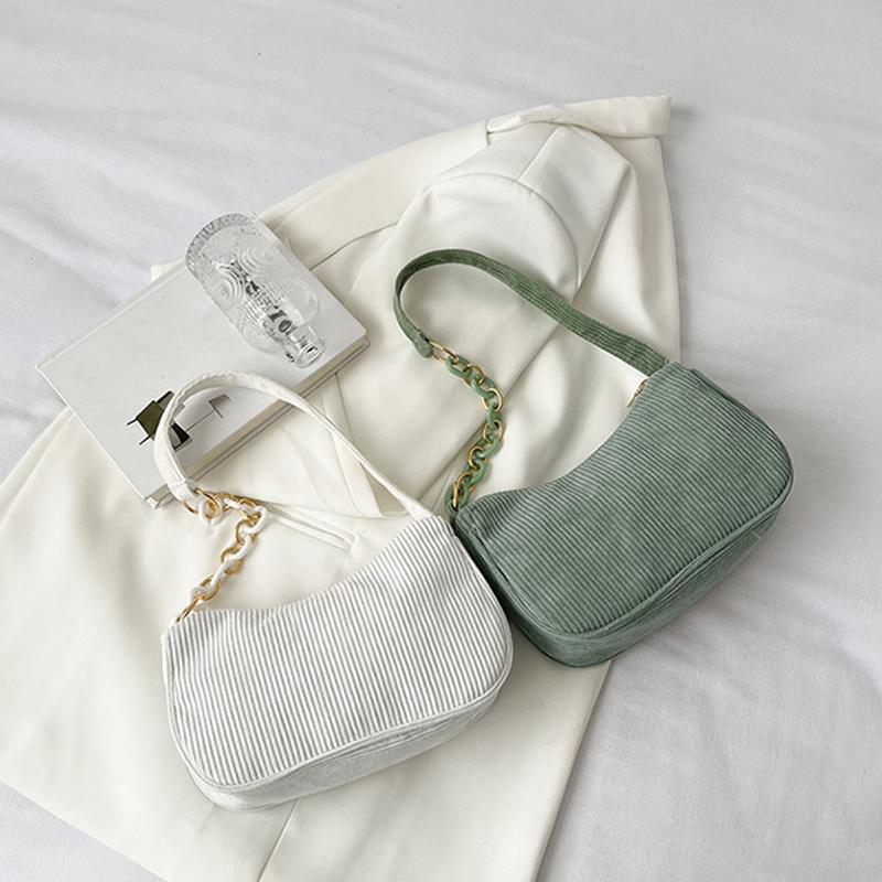 Vintage Corduroy Women Handbags Underarm Bag Casual Shoulder Bags Solid Color Zipper Female