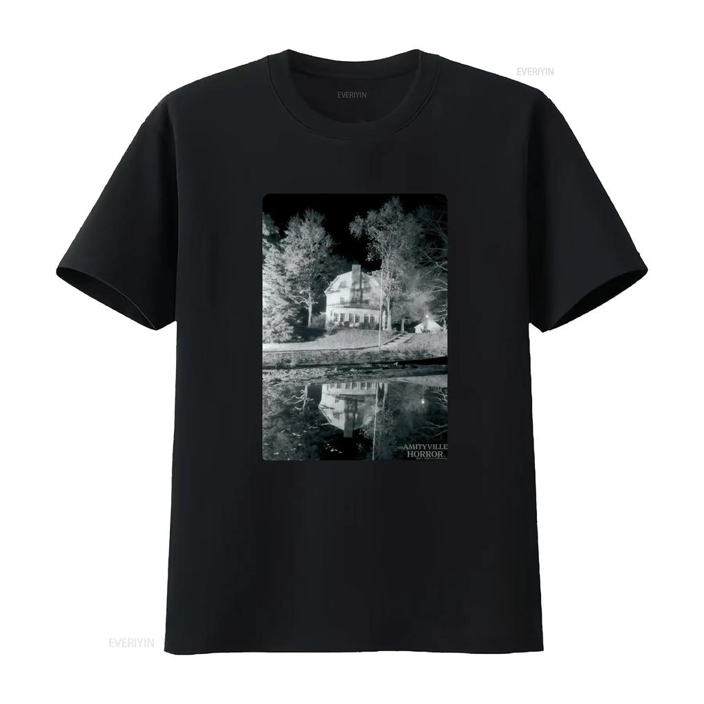 Amityville Horror Classic Black T Shirt for Adults Spooky Nighttime House Print Design Vintage Washed Unisex Designer Clothes