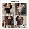 Black square neck front shoulder short-sleeved T-shirt women's summer new base, slim and thin inside, high-end top
