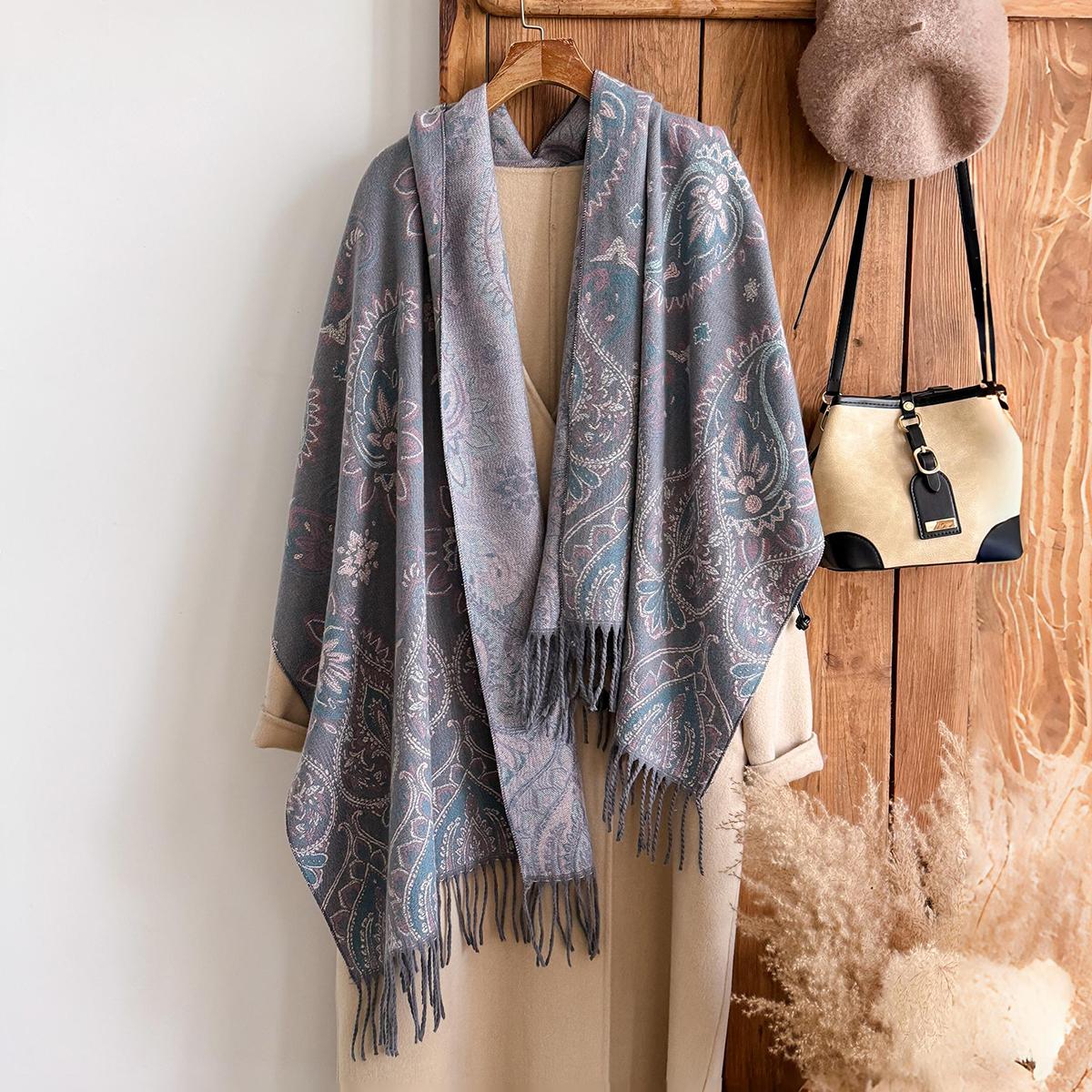 Mode Winter Warm Kasjmier Sjaal - Dames Met Kwastjes Vintage Bloemen Olieverf Afdruk Pashmina Dikke Sjaal & Poncho black