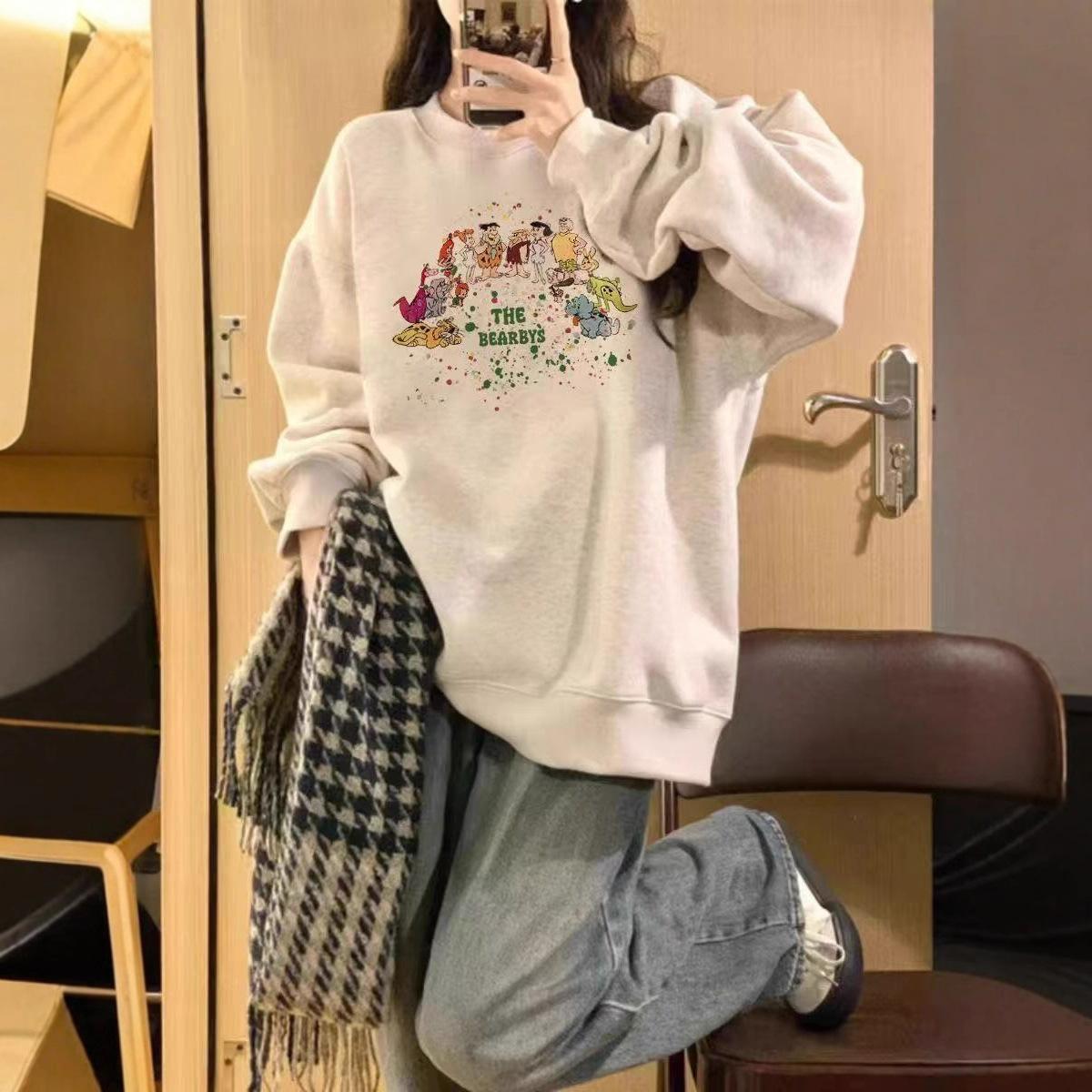 American retro cartoon print crew neck sweater women s new autumn loose lazy wind oversize XXL