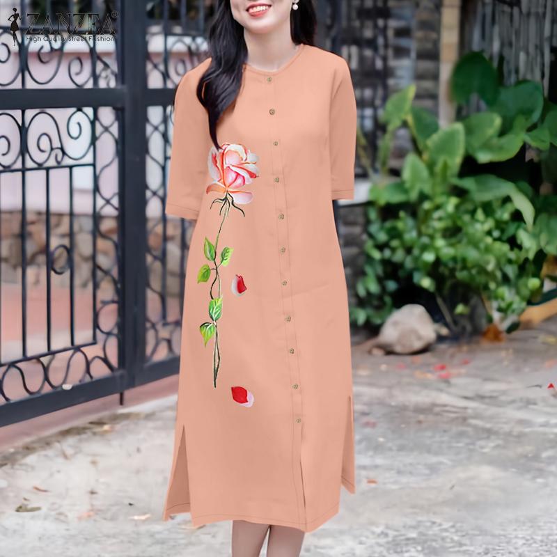 

ZANZEA Women Casual Round Neck Loose Half Sleeve Floral Print Dress 5XL помаранчевий