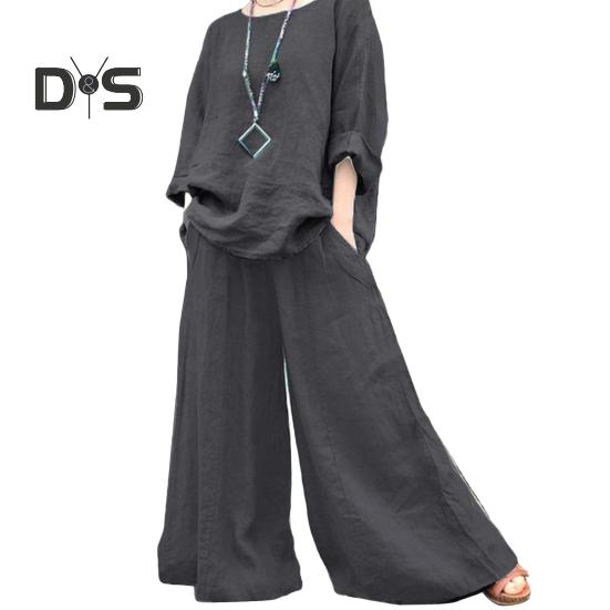 

2 шт./комплект женский топ брюки комплект круглый вырез ретро блузка с длинными рукавами широкие брюки эластичный пояс повседневный досуг свободный наряд 3XL серый