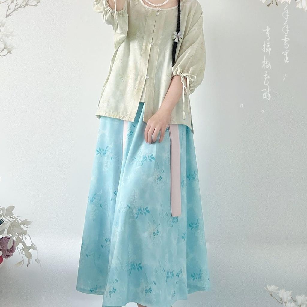 Chinese Tang Dynasty Style Hanfu Printed Tang Robe Top Waist Skirt Modified Daily Suit For Women