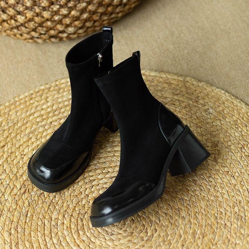 

Black French retro versatile boots for women 2025 new super fire elastic thin boots square heel round head fashion boots for women 40