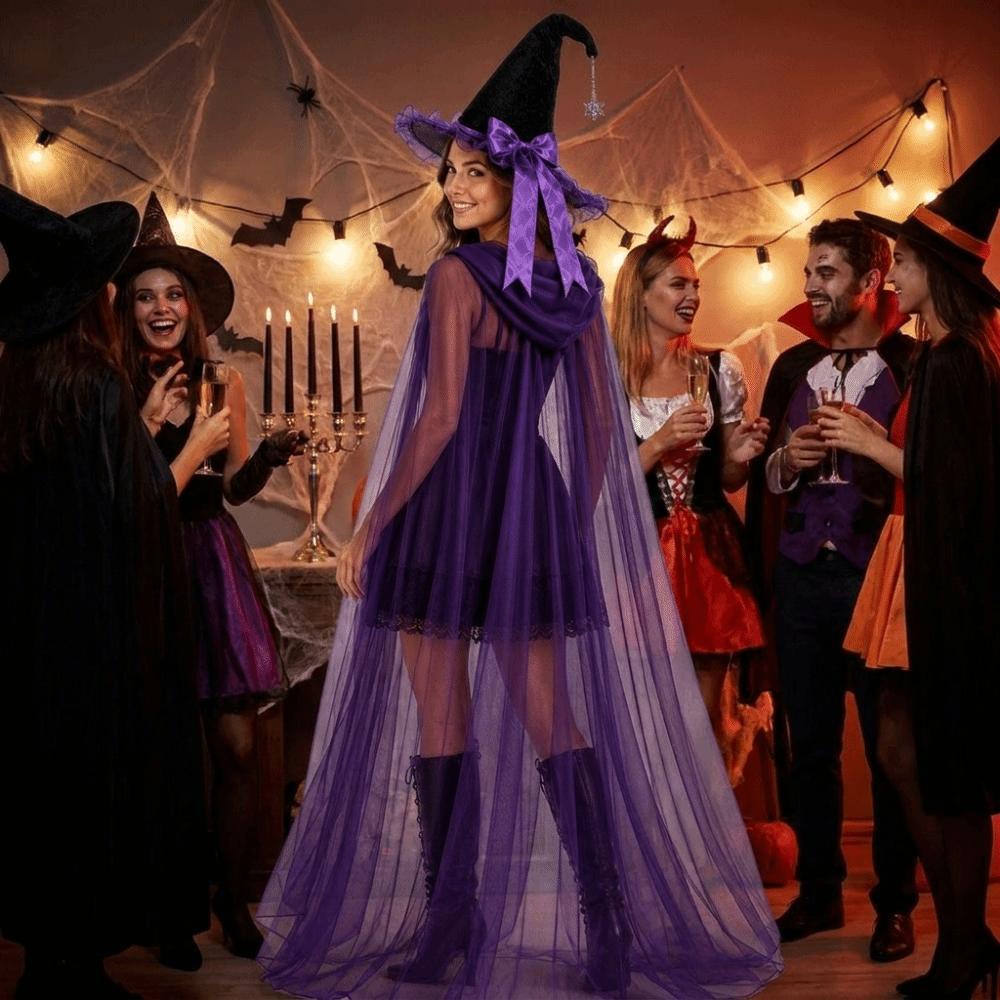 Satin Bow Halloween Witch Hat Cloak Set Hooded Mesh Halloween Cosplay Hooded Cape Costume Accessor