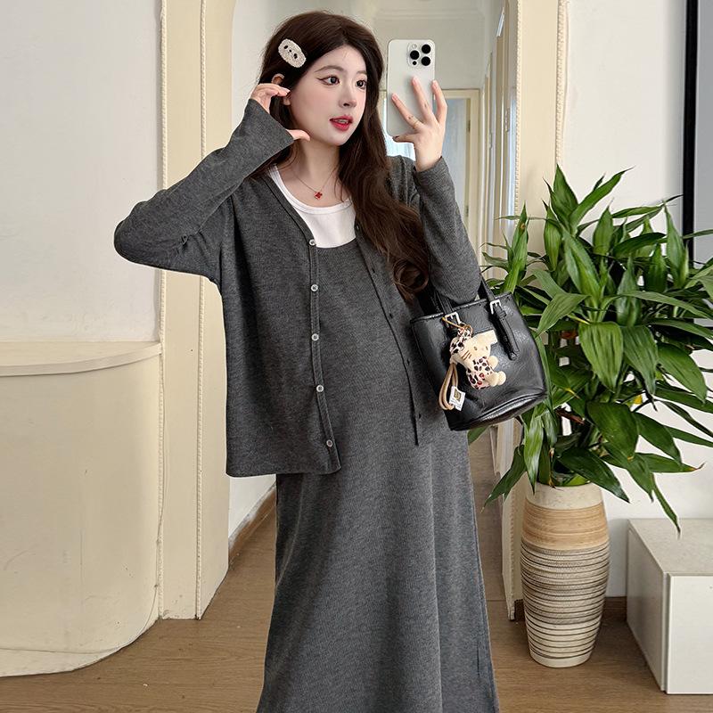 2026 Early Spring Maternity Faux Two-Piece Elegant Lazy Style Dress Set Medium