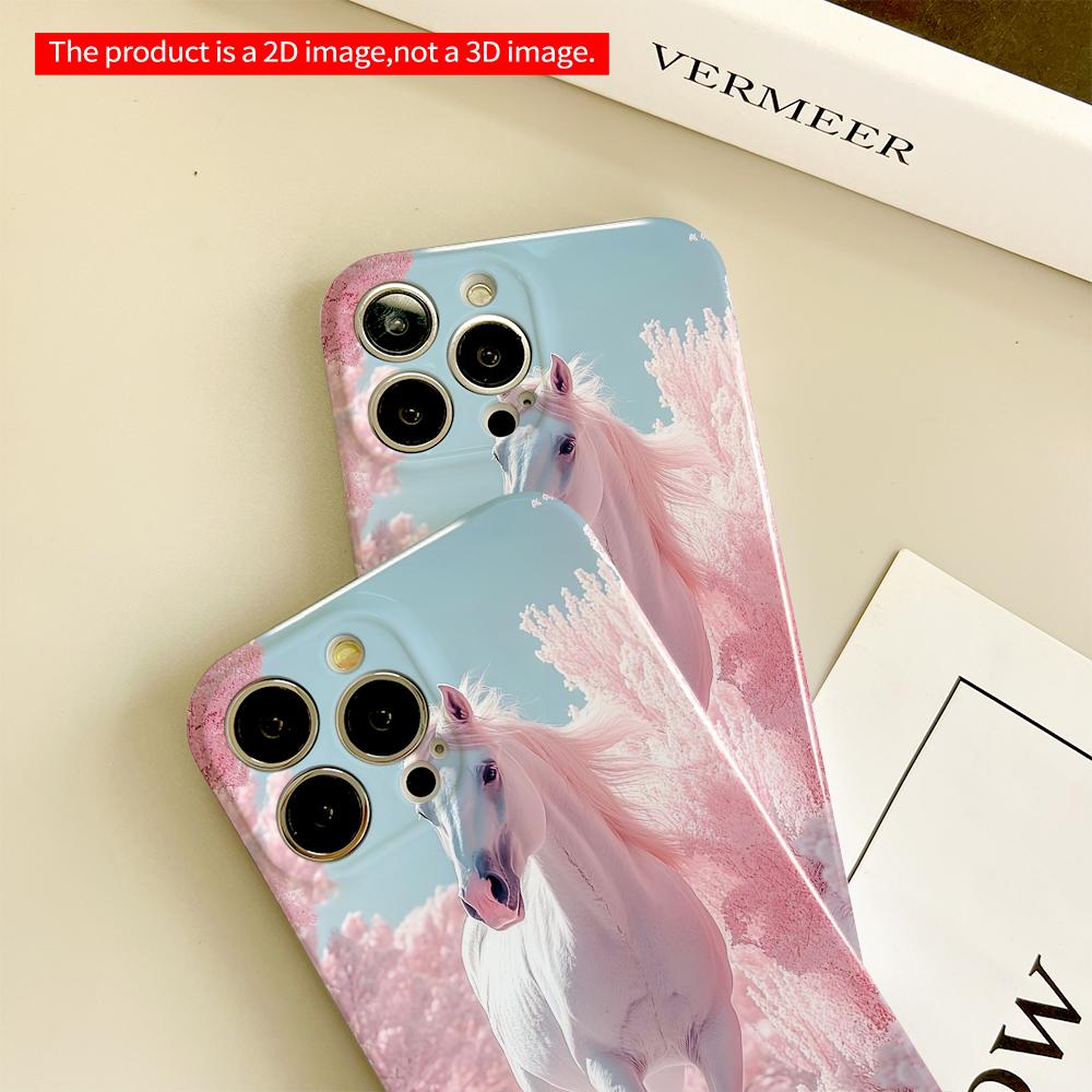 2DFlat White Horse In Pink Forest Path All Inclusive Film Hard Phone Case, Compatible with iPhone 18 Pro Max 17 16 15 14 13 12 11