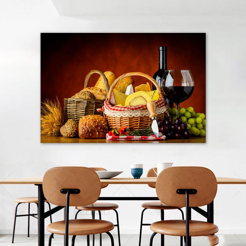 Wine Glass Bottle Posters and Prints Canvas Painting Wall Art Pictures for Dining Room Home Decor Grapes Wooden Barrel Cuadros