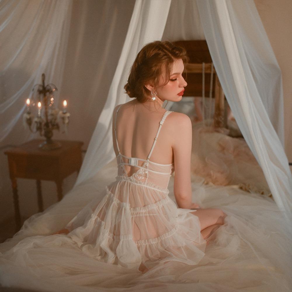 Lace Suspender Nightdress Women's Fungus Lace Mesh Perspective Suspender Pajamas Pure Erotic Underwear