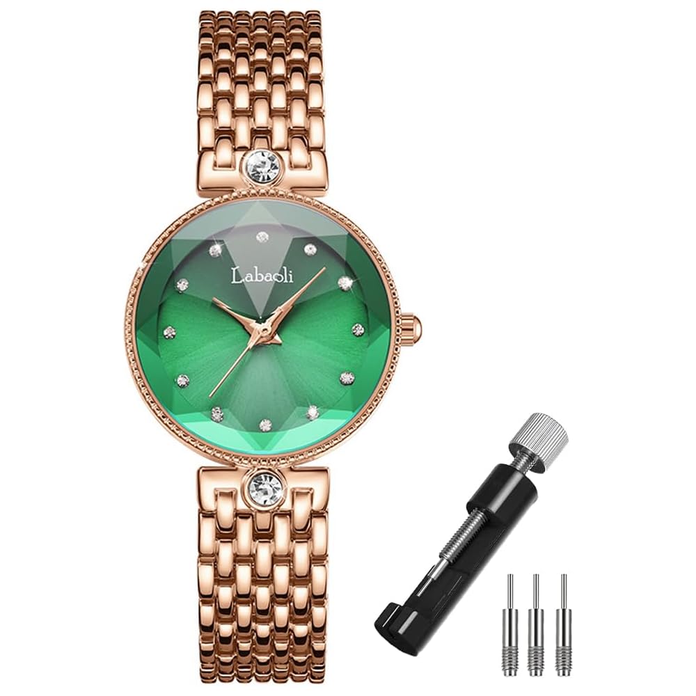 Elegant Women s Crystal Watch Rose Gold Green Stainless Steel Waterproof Business Gift