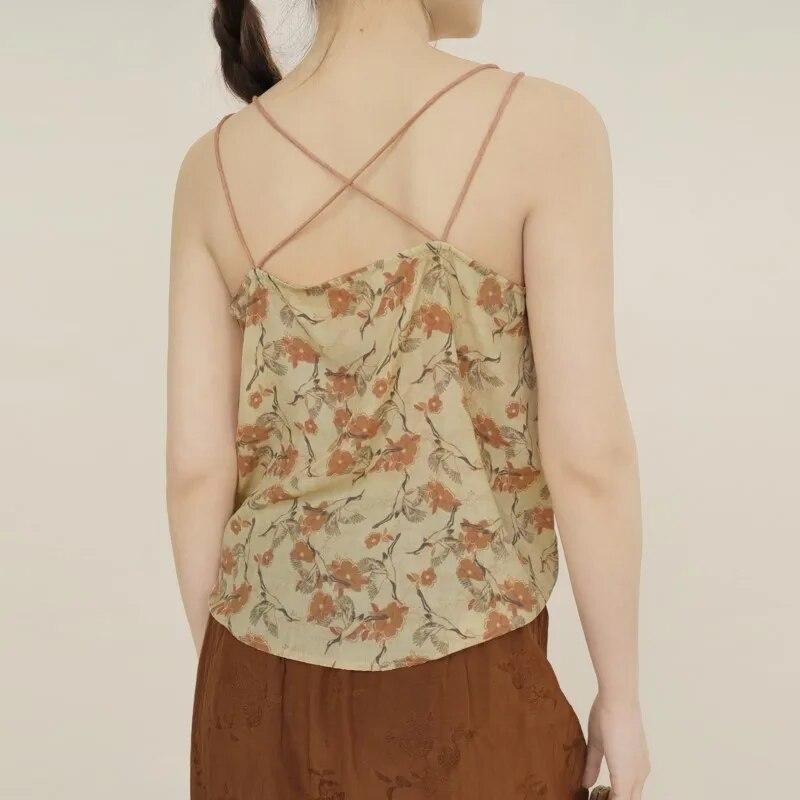 Johnature Dámské jarní camis v čínském stylu Vintage bavlněný potisk květinové topy Dámské camis