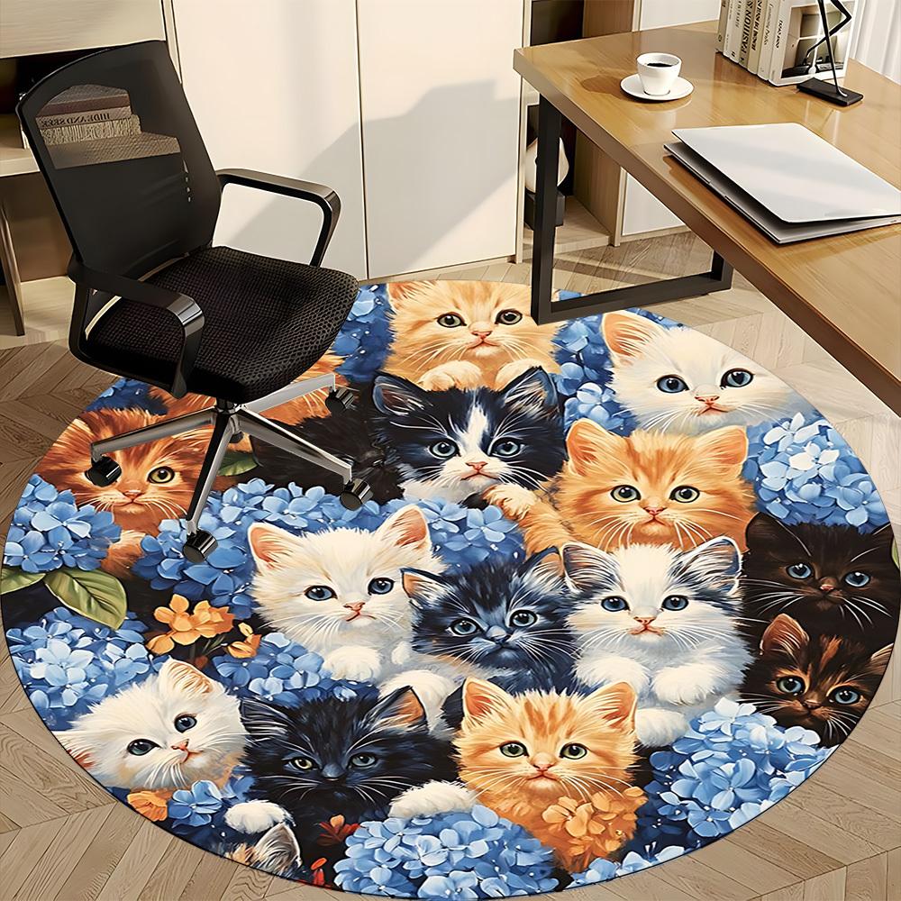 1pc Cat Flowers Office Round Rug, Carpet for Office, Gaming, Lightweight Round Floor Mat yy260208078