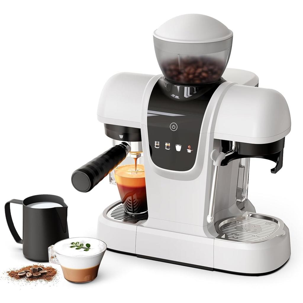 e20 Bar Semi-Automatic Espresso Machin with Built-in Grinder & Steam Wand, Pre-Infusion, NTC Temperature Control, 58mm Single/Double Portafilter