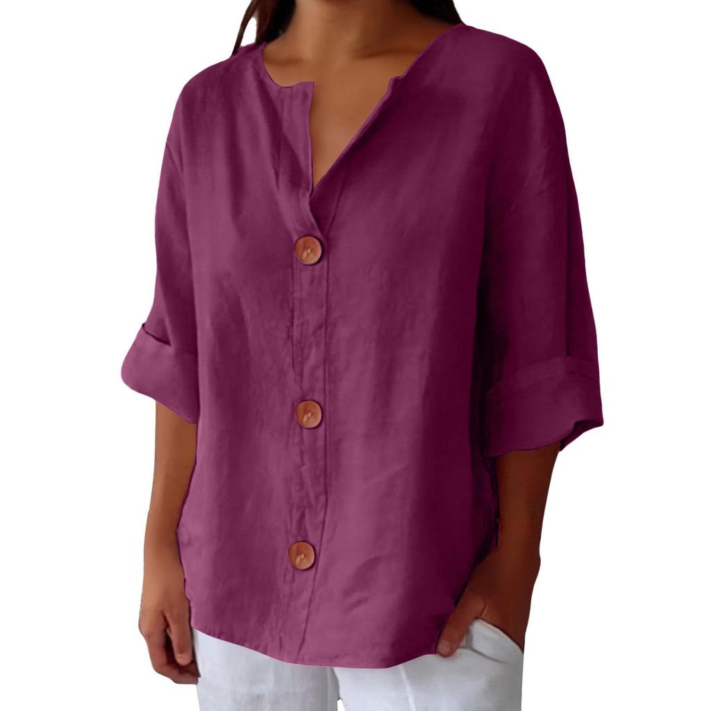 Mote dame casual V-hals kneppet syvarmet bomulls-t-skjorte topp