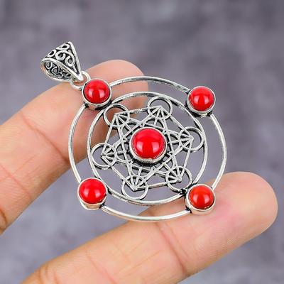 Natural Italian Red Coral Gemstone 925 Sterling Silver Pendant 2.17" K6Y23