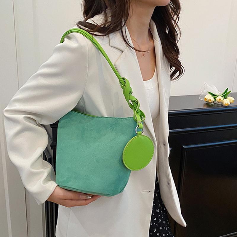 Solid Color Women Suede Shoulder Bucket Bags Large Capacity Versatile Ladies Underarm Tote Casual Female Phone Handbags Purse CLE