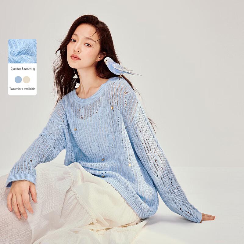 INMAN French Hollow-Out Soft Round Neck Knit Pullover Sweater