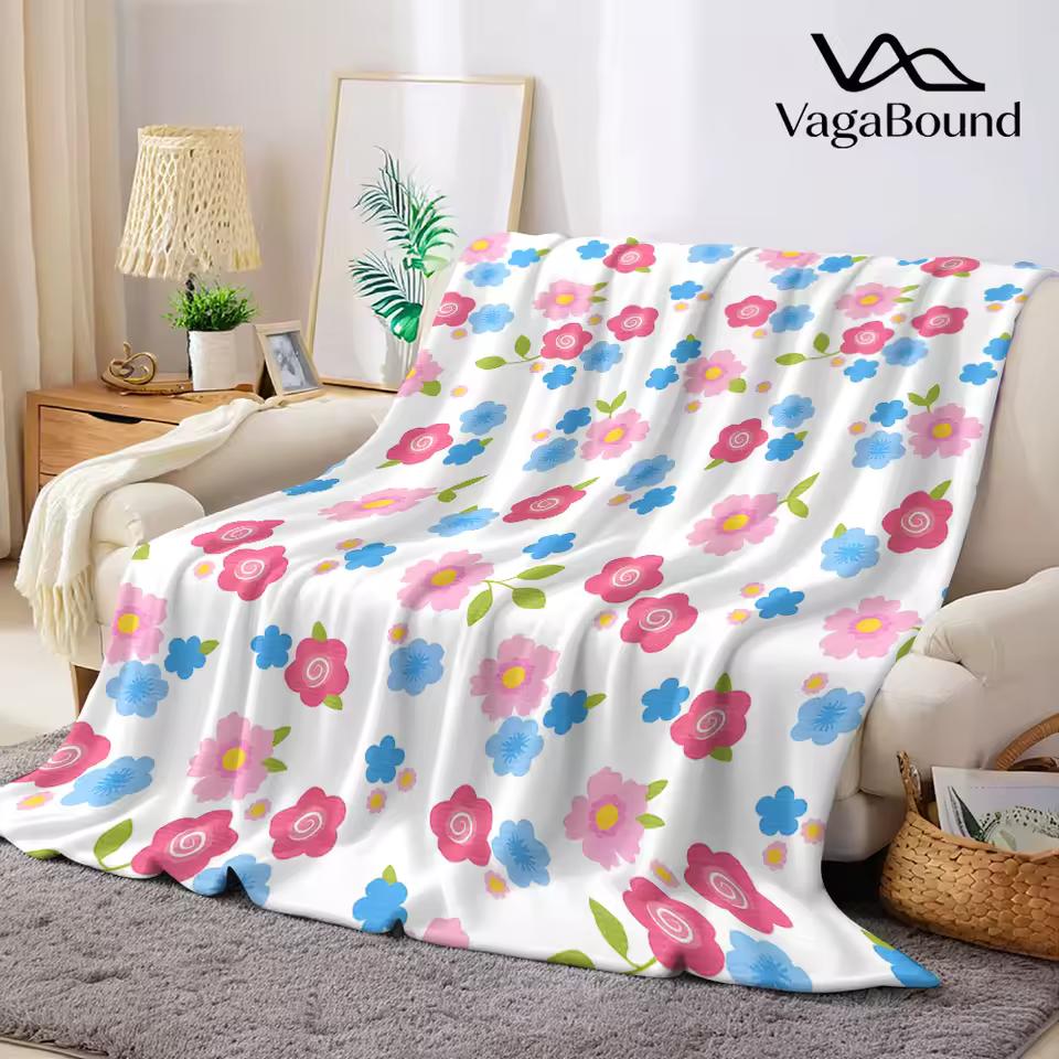 white ditsy pink blue floral Flannel Blanket Warm Soft Halloween Christmas Decorative Couch Warm Cozy All-Season Gift